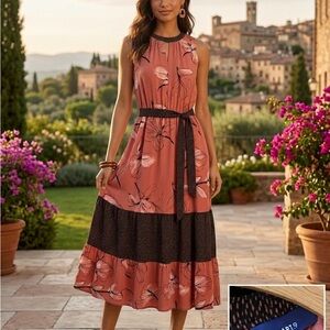 Apt. 9 Rust Floral Sleeveless Midi Dress with Black Accents